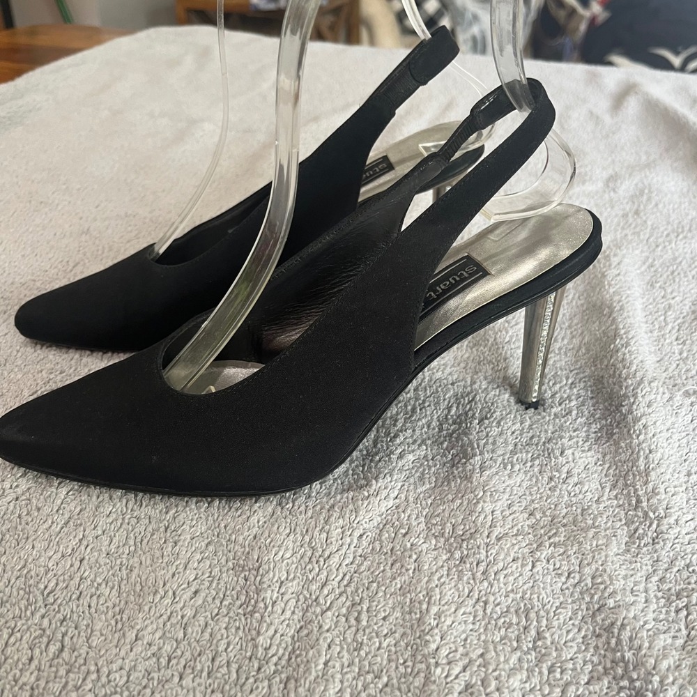 Stuart Weitzman Black Satin Slingback Pumps Crystal Embellished Metallic Heel
